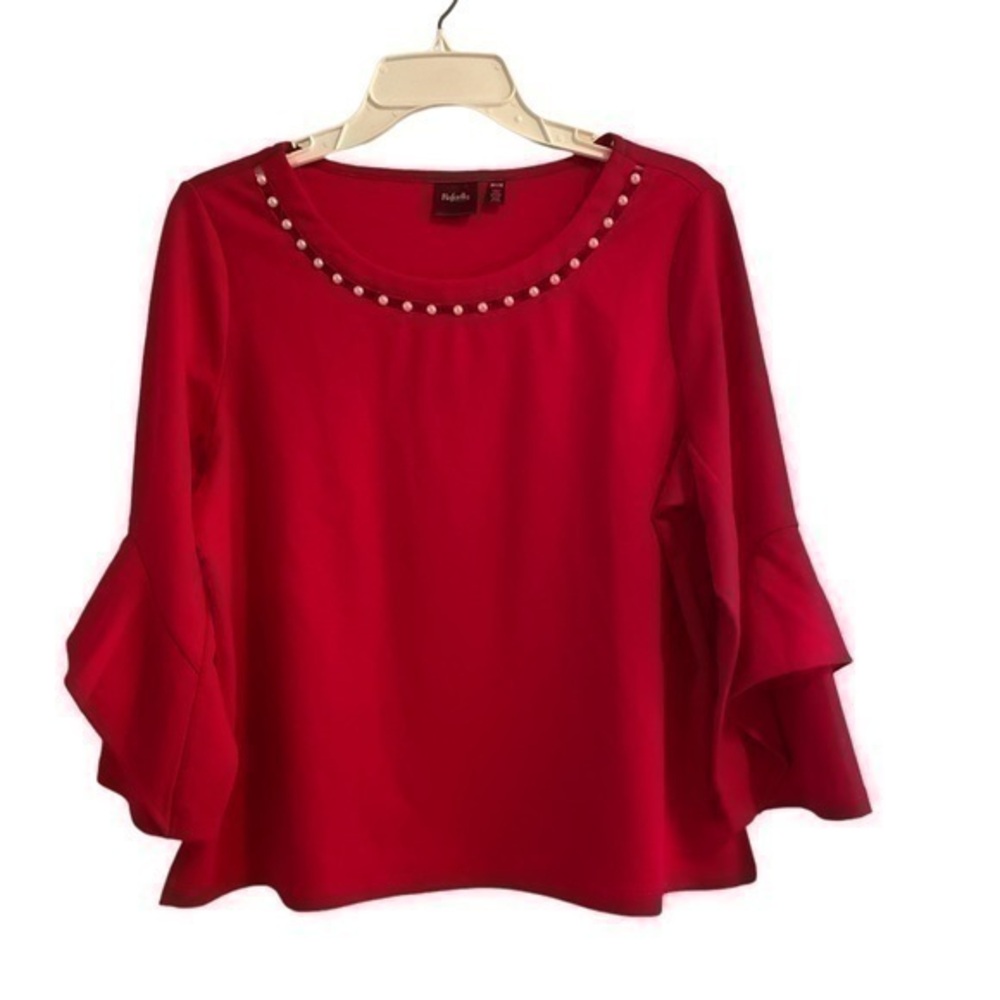 Rafaela romantic red bell sleeved pearl detailed neckline top in Medium petite